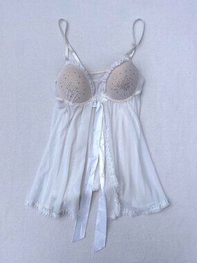 Native Intimates White Sheer Bedazzled Rhinestone Babydoll Chemise Dress Sz 34C